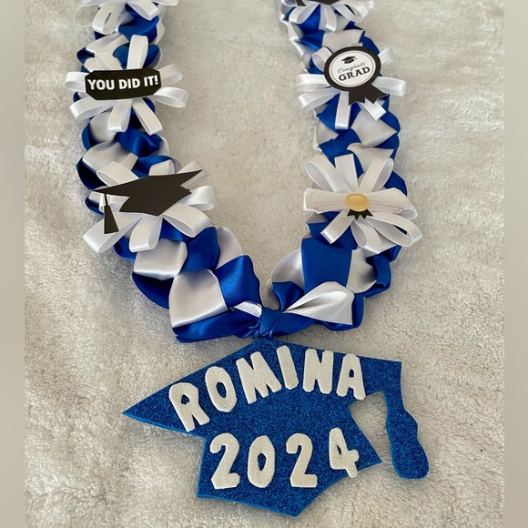 Blue & White Grad Lei - Personalized With Grad Name - Handmade - Picture 3 of 3